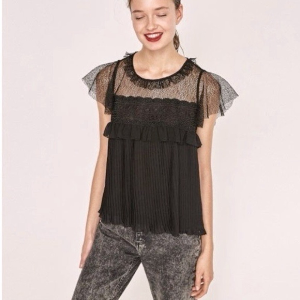 Zara sheer mesh lace yoke ruffle pleated top black small